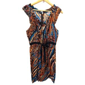 Plenty by Tracy Reese Silk Abstract Print Ruffle V-Neck Dress Blue Orange Medium